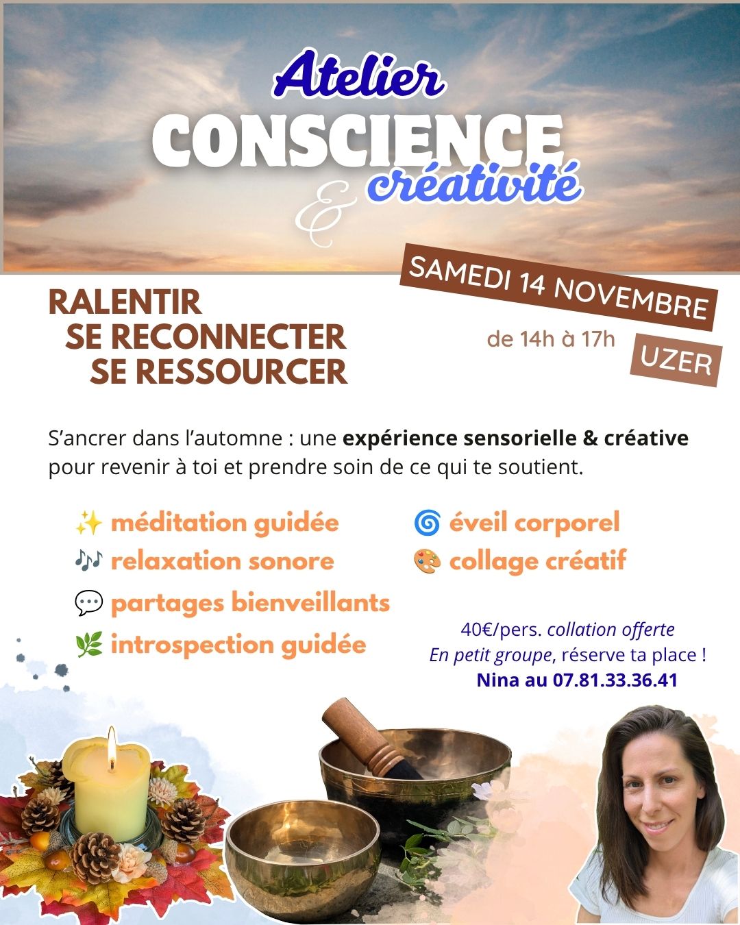 affiche de l'atelier conscience et créativité s'ancrer dans l'automne le 14 novembre 2026 à uzer en ardèche au village nature zen